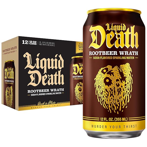 LIQUID DEATH SODA-FLAVORED SPARKLING WATER – ROOTBEER WRATH, LESS SUGAR*, HUGE FLAVOR, NO CAFFEINE, NO ARTIFICIAL SWEETENERS, 12 FL OZ (PACK OF 12)