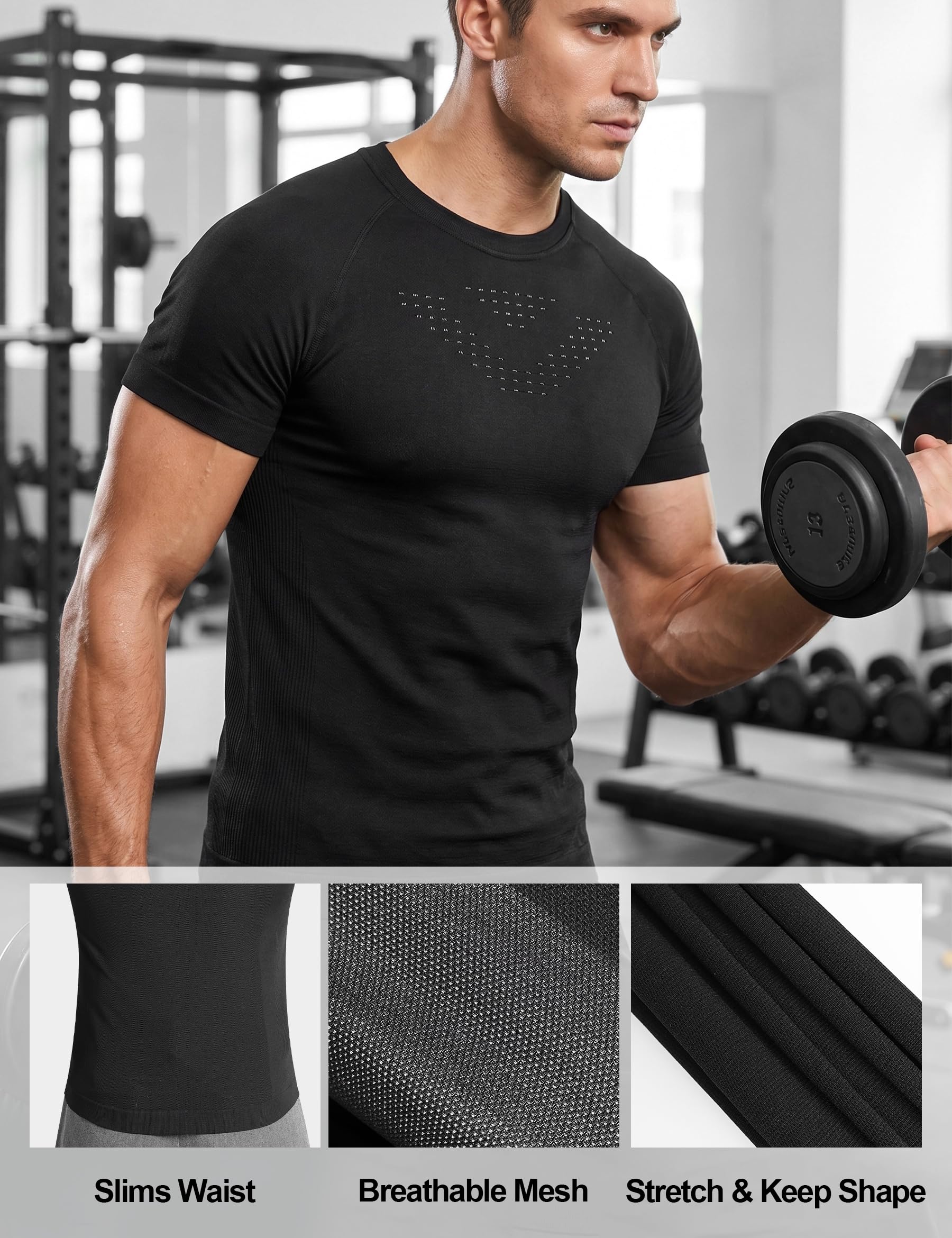 INBIKE Kompressionsshirt Herren Kurzarm Anti-Geruch Funktionsshirt für Fitness & Outdoor Atmungsaktiv Schnelltrocknendes Sportshirt Schwarz L-XL 2pcs 6