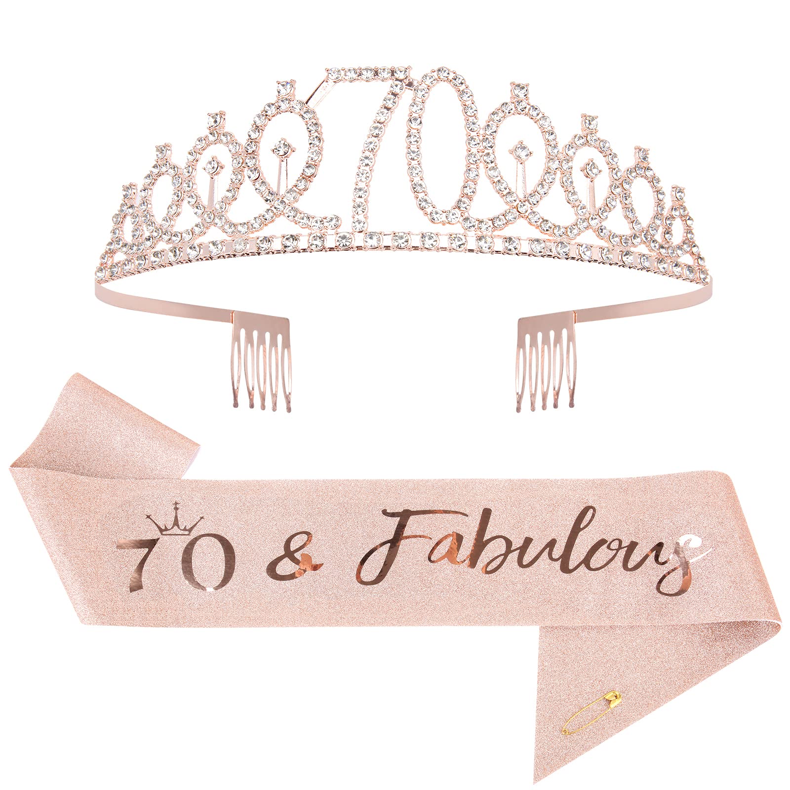 Mikccer Rose Gold 70th Birthday Sash and Tiara, Rhinestone Crown Headband for 70th Birthday Gifts, Party Accessories for Women