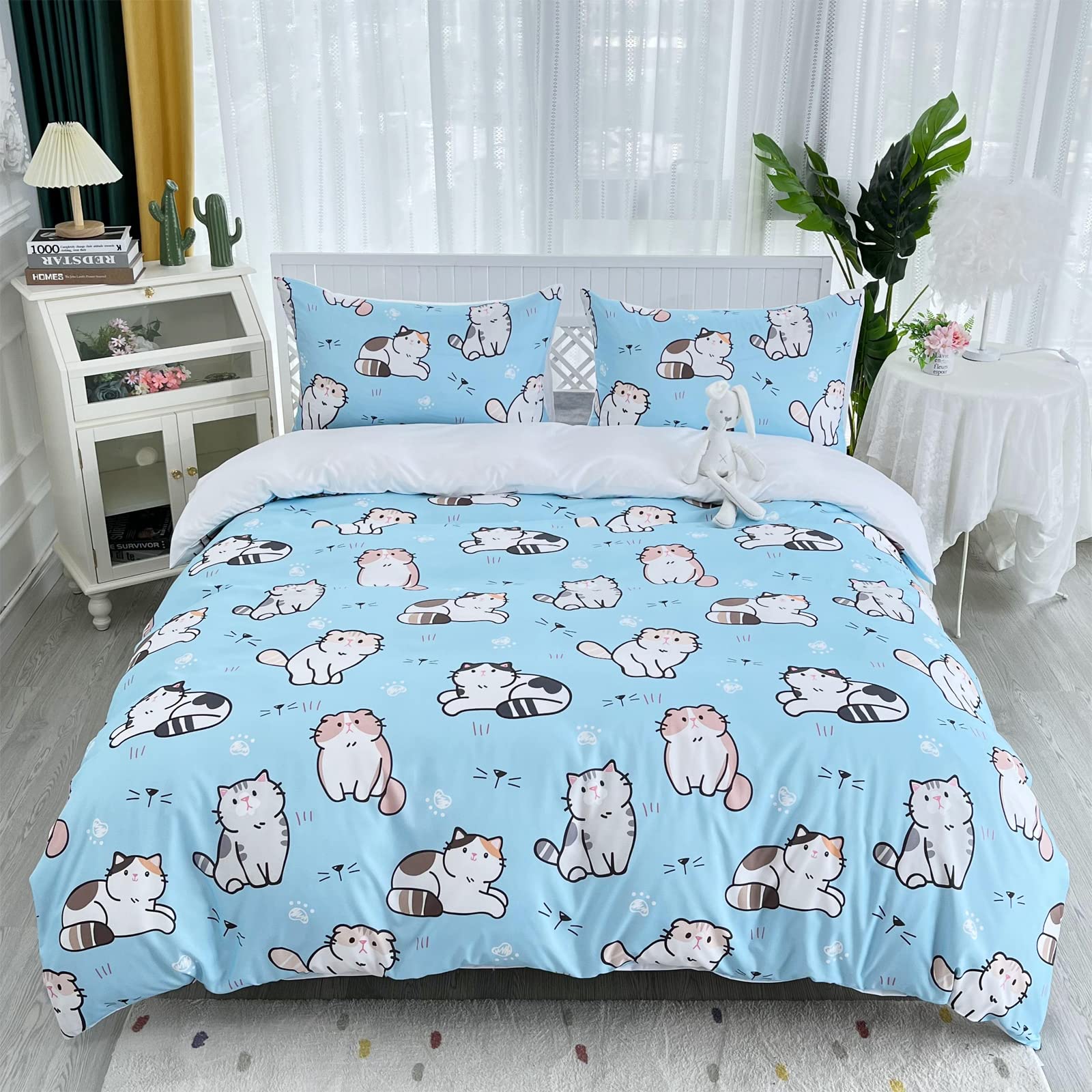 HOSIMA Blue Cats Duvet Cover King Size, Kawaii Cat Bedding Set, Durable Comforter Cover Set for Boys Girls, Easy Care (No Comforter)