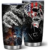 American Flag Motorcycle Skull Coffee Tumbler,20 Oz Insulated Stainless Steel Funny Travel Coffee Mug or Tea Cup for Hot,Iced Drinks,Birthday Skull Gifts for Men Friend Husband Dad Women,1 Pcs
