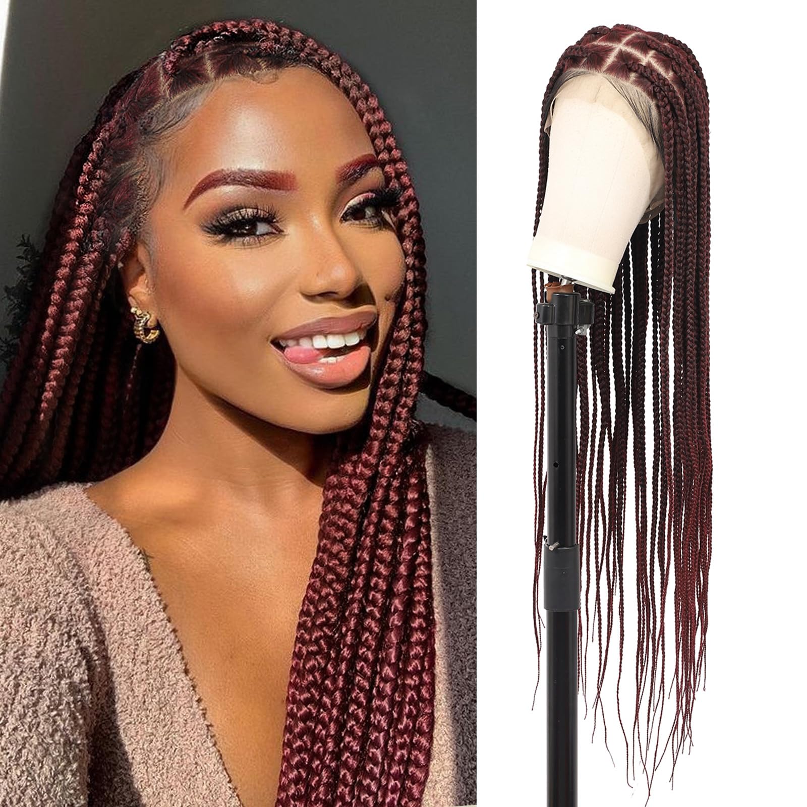 Photo 1 of Youthfee 360° HD Full Lace Knotless Braided Wigs for Women Braided Lace Front Wigs with Baby Hair Premium Synthetic Burgundy Natural Looking Box Braid Wig 36 Inch