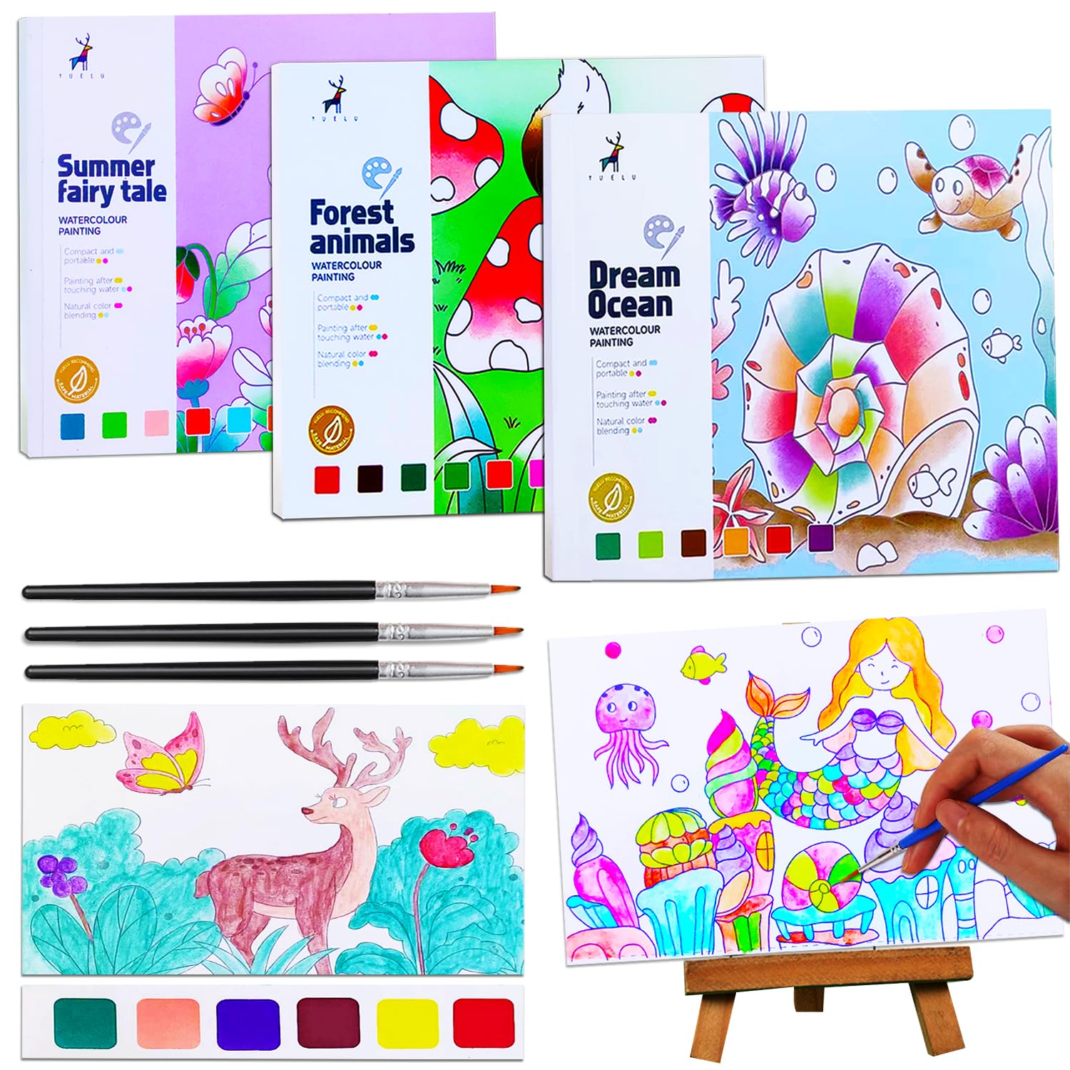 JUNQIU 3Pack Water Color Paint Sets for Kids, Paint With Water Books for Kids Ages 4-8, Pocket Watercolor Painting Book, Arts and Crafts for Girls Gifts, Kids Travel Summer Activities
