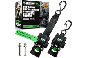 Rhino USA Retractable Boat Trailer Tie Down Straps 2PK – Durable (2in x 43in) Trailer Mount Transom Straps for Boat, Jet Ski – Powder Coated Black Steel – Fresh Water Compatible