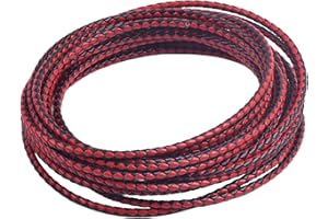 KONMAY 5 Yards 3.0mm Round Black&Red Geneuine Braided Leather Cord Bolo Leather Cord
