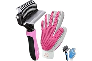 Dog Brush and Cat Brush-with Deshedding Brush, Dog Dematting Tools and 2 Side Shedding Brush Glove, Reduce Shedding Up To 95%, for Short to Long Hair, Small to Medium Breeds by Ozark Pet (Pink Small)