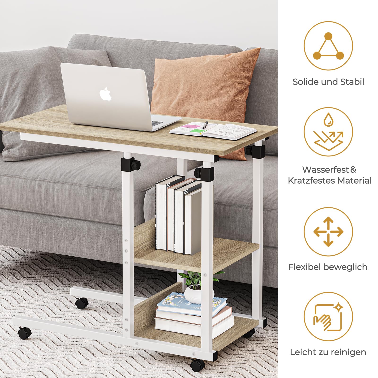 Dripex Beistelltisch mit Rollen Pflegetisch Höhenverstellbar, Schreibtisch aus Holz, Sofatisch Nachttisch Kaffeetisch Schlafzimmer, Laptoptisch Wohnzimmer, Beige 8