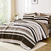 WONGS BEDDING King Size Comforter 7 Pieces, Brown King Comforter Set with Sheets, Striped Bed in a Bag Boho Lightweight Bedding Set for All Seaon (104"×90")