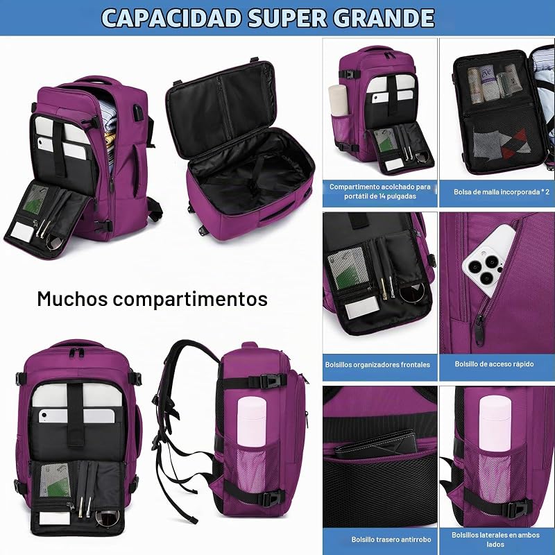 Mochila de Viagem Cabine Avião 40x20x25 para Mochilas Ryanair Mala Mochila de Viagem Ryanair Mochila de Mão Mochila de Mão Mochila Portátil Portátil com Porta USB para Trabalho, Escolas, Roxo