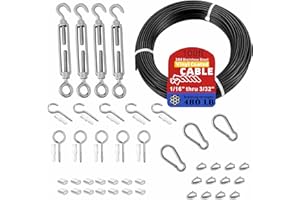 WIROPE DEPOT String Light Hanging Kit with Black Vinyl Coated 304 Stainless Steel Wire Rope,1/16 Inch Overmolded to 3/32 Inch,Turnbuckles and Hooks for Patio, Outdoor Post Light Accessories(100ft-43set)