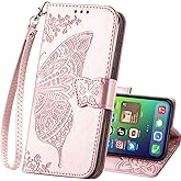 HAOTP for iPhone Air Phone Case Wallet,Women Flip Folio Cover with Credit Card Holders Emboss Butterfly Flower PU Leather Purse Wrist Strap Kickstand Case for Woman Man Rose Gold