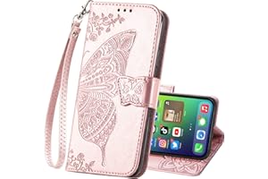 HAOTP for iPhone 15 Pro Max Wallet case with Credit Card Holder,Flip Book PU Leather Protective Cover Women Men Pocket Emboss Butterfly Flower Kickstand for iPhone 15 Pro Max Rose Gold