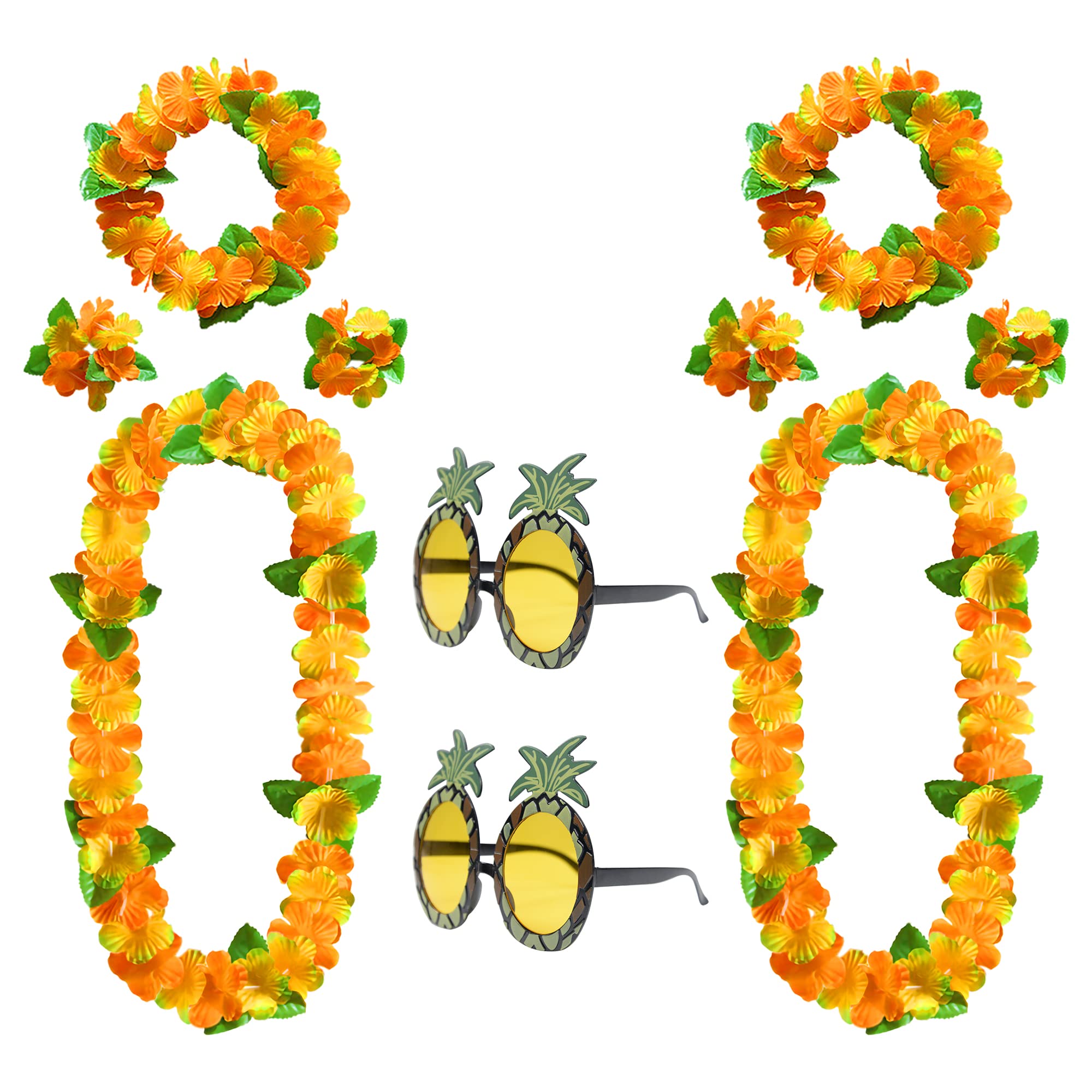 KEYIDO Hawaiian Garland Pineapple Sunglasses Set Hawaiian Fancy Dress Hawaiian Flower Leis with Necklace Headbands Wristbands Party Decorations Accessories for Tropical Luau Tiki Beach