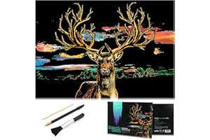 AP ARTSPER Animal scratch art rainbow painting paper, Engraving Art & Craft Sets, Creative foil scratch art toys gift, DIY sketch card scratchboard for Kids & Adults, Women - 16'' x 11.2'' with 3 tools (Deer)