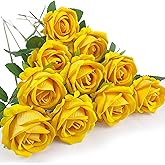 DECEED 10 PCS Artificial Roses with Long Stems Silk Flowers Realistic Foam Flowers Fake Roses for Valentine's Day Home Wedding Halloween Decor(Yellow)