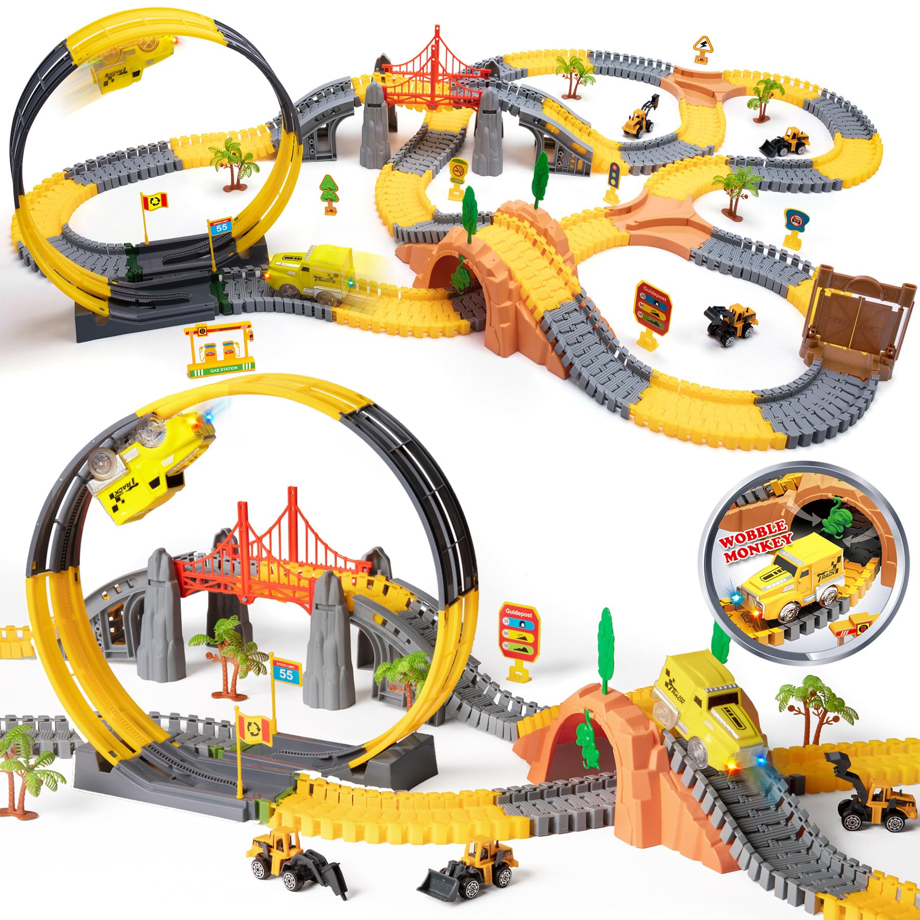 OR OR TU 342Pcs Construction Race Tracks Toys Car Set for Boys Kids 2 Electric Race Vehicle Flexible 360° Train Tracks Construction Road Race Trucks Gift for 3 4 5 6+ Years Old Children