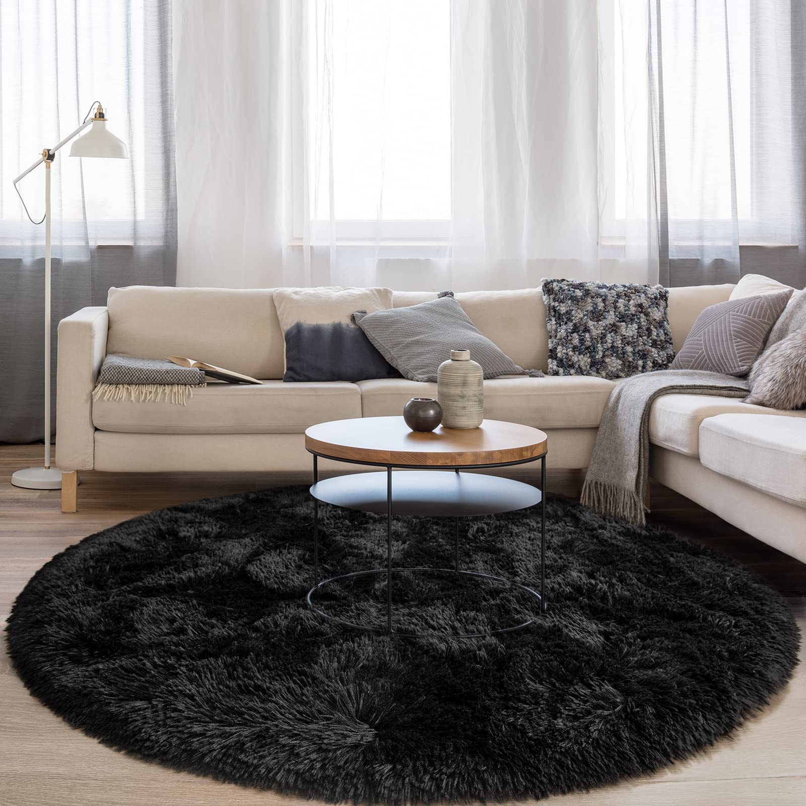 FlyDOIT Black Round Rug for Bedroom, Super Fluffy Circle Rugs for Baby Nursery, 4'X4' Feet Furry Carpet for Children Kids Room, Cute Soft Shaggy Rug for Girls Home Decor, Fuzzy Plush Carpets for Dorm