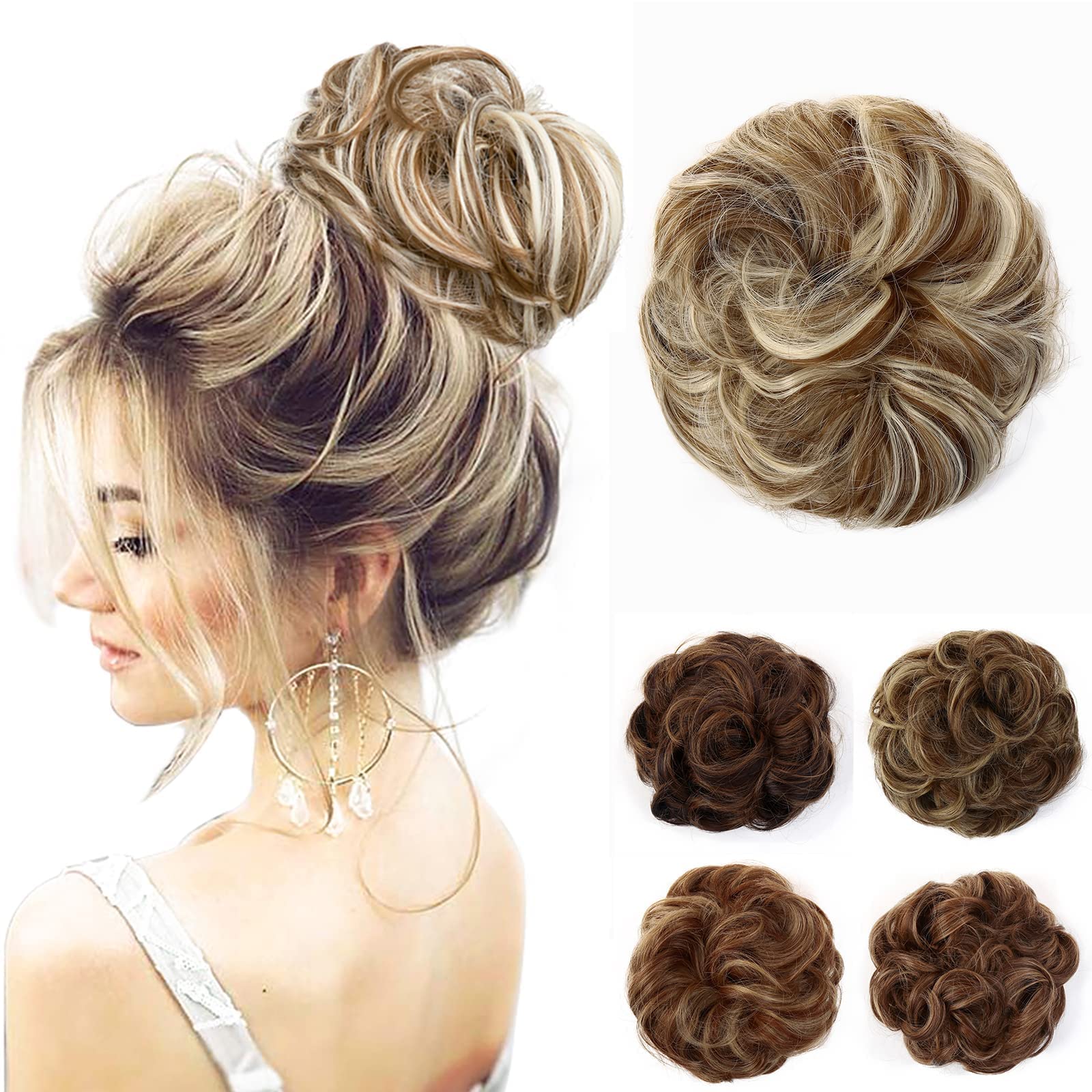 JJstar Messy Hair Bun Curly Wavy Hair Scrunchies Accessories Pieces for Women Girls Synthetic Chignons (Green Brown/Beach Blonde)