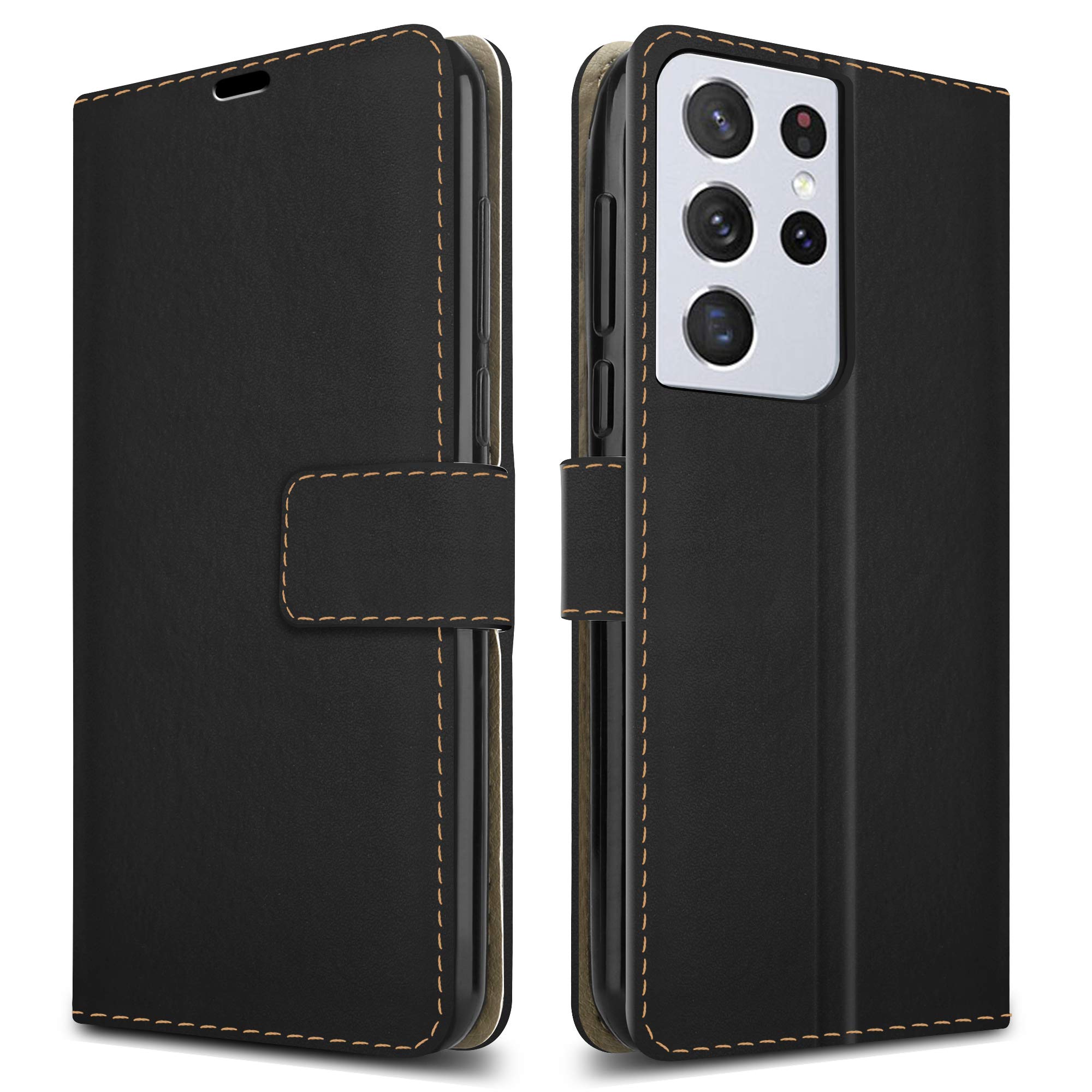 Samsung Galaxy S21 Ultra 5G Leather Phone Case, Magnetic Closure Full Protection Book Folio Design, Wallet Case Cover [Card Slots] and [Kickstand] For Samsung Galaxy S21 Ultra 5G (6.8") - Black
