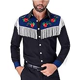 Muztagata Men's Western Cowboy Fringe Shirts Long Sleeve with Embroidered Rose Button Down Hippie Shirt