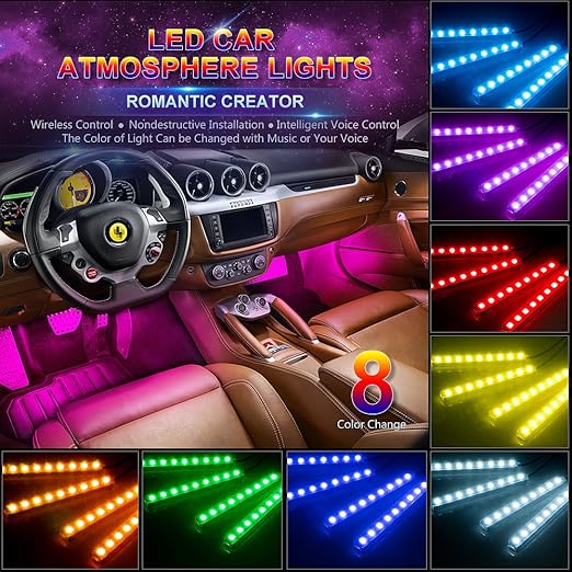 Car LED Strip Light, Wsiiroon 4pcs 48 LED Multicolor Music Car Interior Lights Under Dash Lighting Waterproof Kit with Sound Active Function and Wireless Remote Control, Car Charger Included,DC 12V
