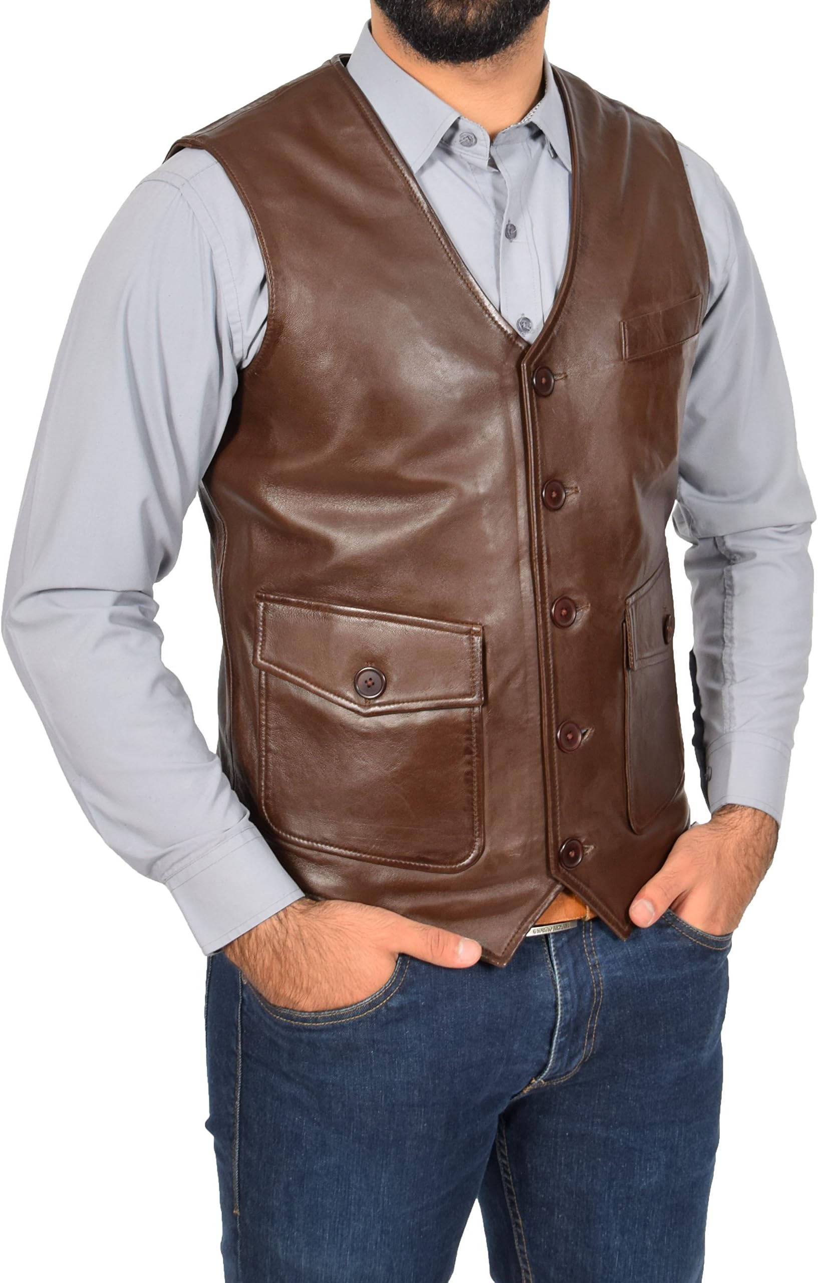Mens Leather Waistcoat Classic Casual Fashion Soft Light Yelek Rolo Brown