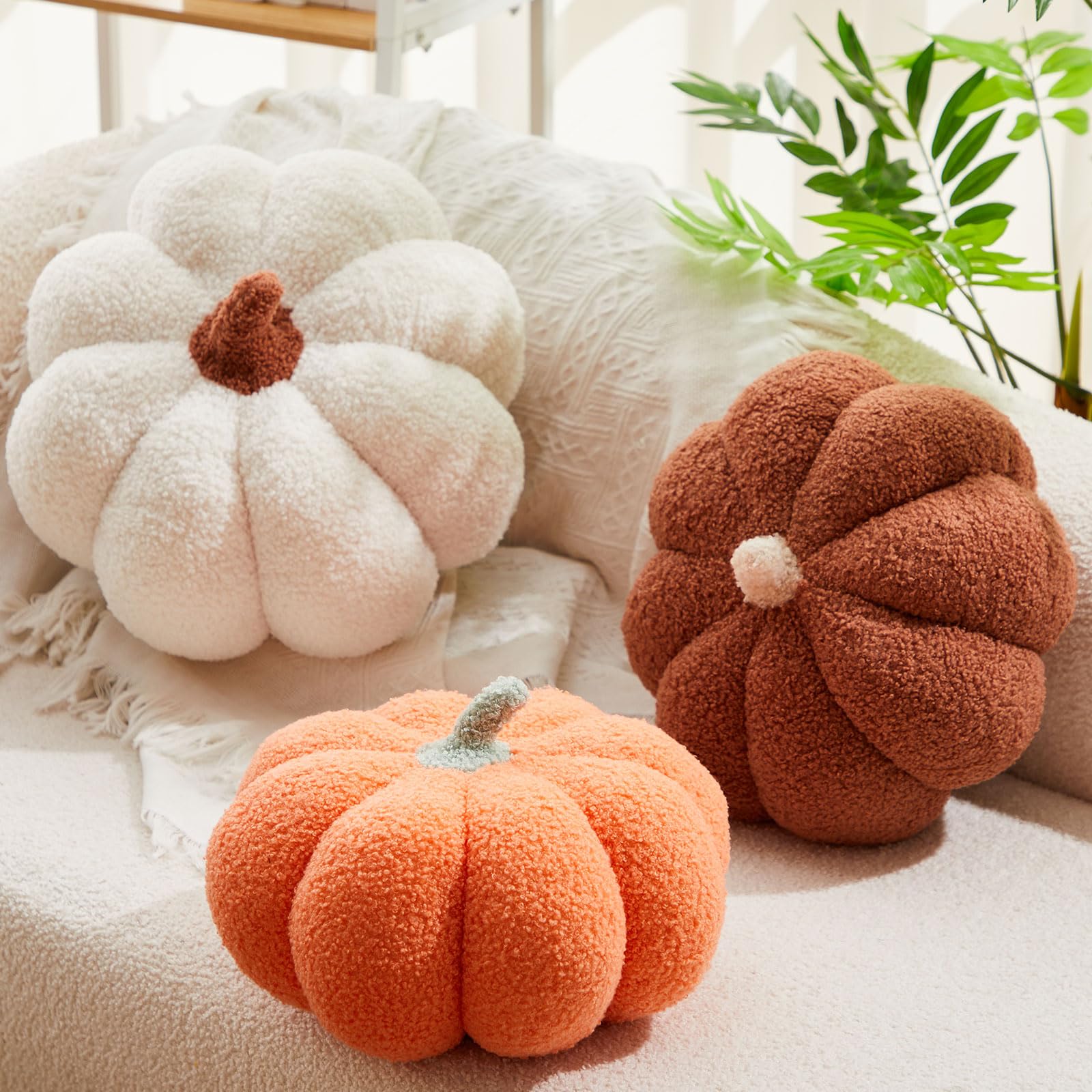 Photo 1 of Juexica 3 Pieces Stuffed Pumpkin Pillow Fluffy Plush 3D Pumpkin Shaped Decoration Fall Thanksgiving Halloween Pillow Cushion Cute Soft Throw for Sofa Couch Supplies (White,Orange,Brown)