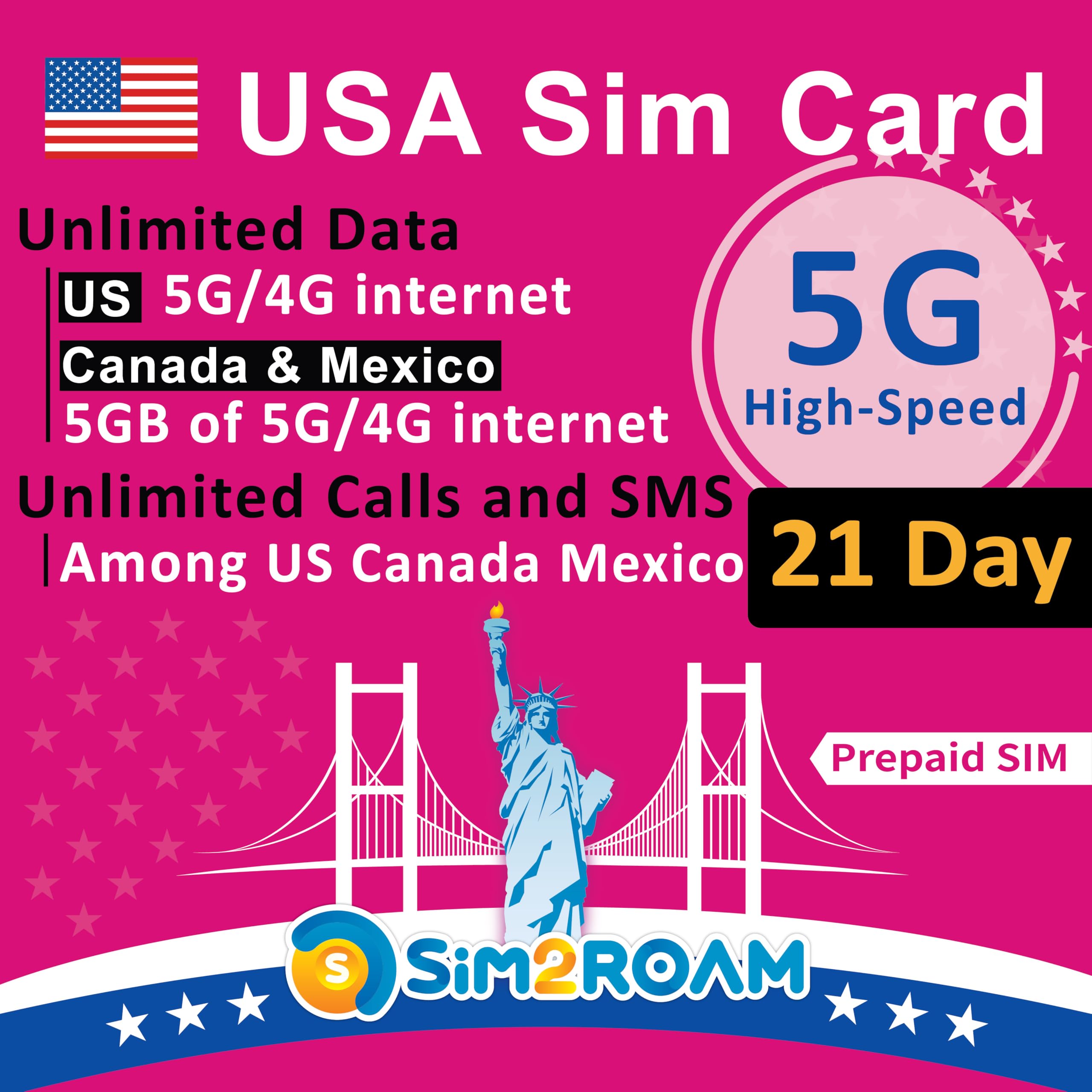 USA Canada Mexico T-Mobile SIM Card | Unlimited 5G/4G LTE Data in USA + 5GB of 5G/4G Data in Canada and Mexico | Unlimited Calls & SMS Among US, Canada & Mexico (21 Days) | Refillable! — image 1