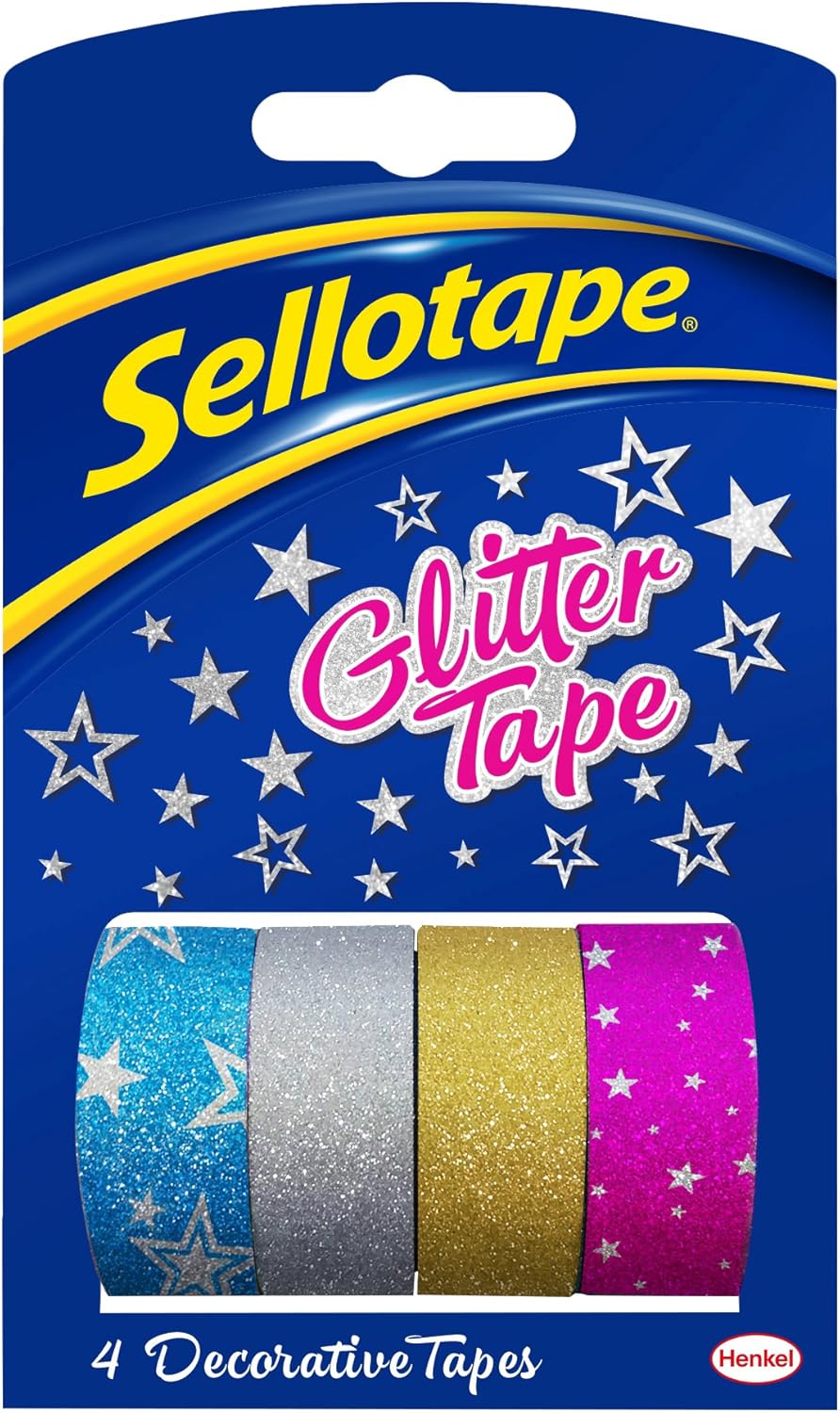 Sellotape Glitter Tape, 4 Rolls of Decorative Tapes, Compatible for Sellotape On-hand Dispenser, 18mm x 3m, 4 Colourful Tapes