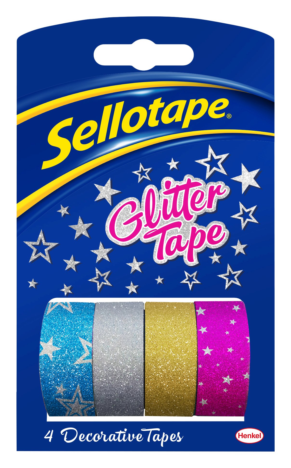 Sellotape Glitter Tape, 4 Rolls of Decorative Tapes, Compatible for Sellotape On-hand Dispenser, 18mm x 3m, 4 Colourful Tapes