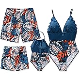 PATPAT Mommy and Me Matching Swimsuit:One Piece V Neck Bathing Suits Leaves Printed Family Swimwear Matching Set