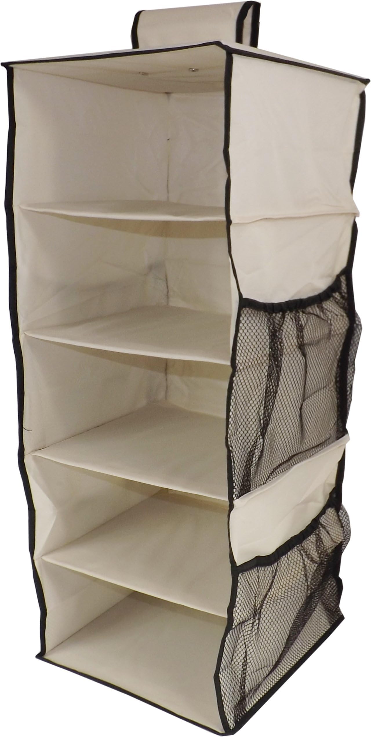 Neusu Strong 5 Shelf Hanging Wardrobe Organiser, 4 Side Pockets Beige 76x30x30cm