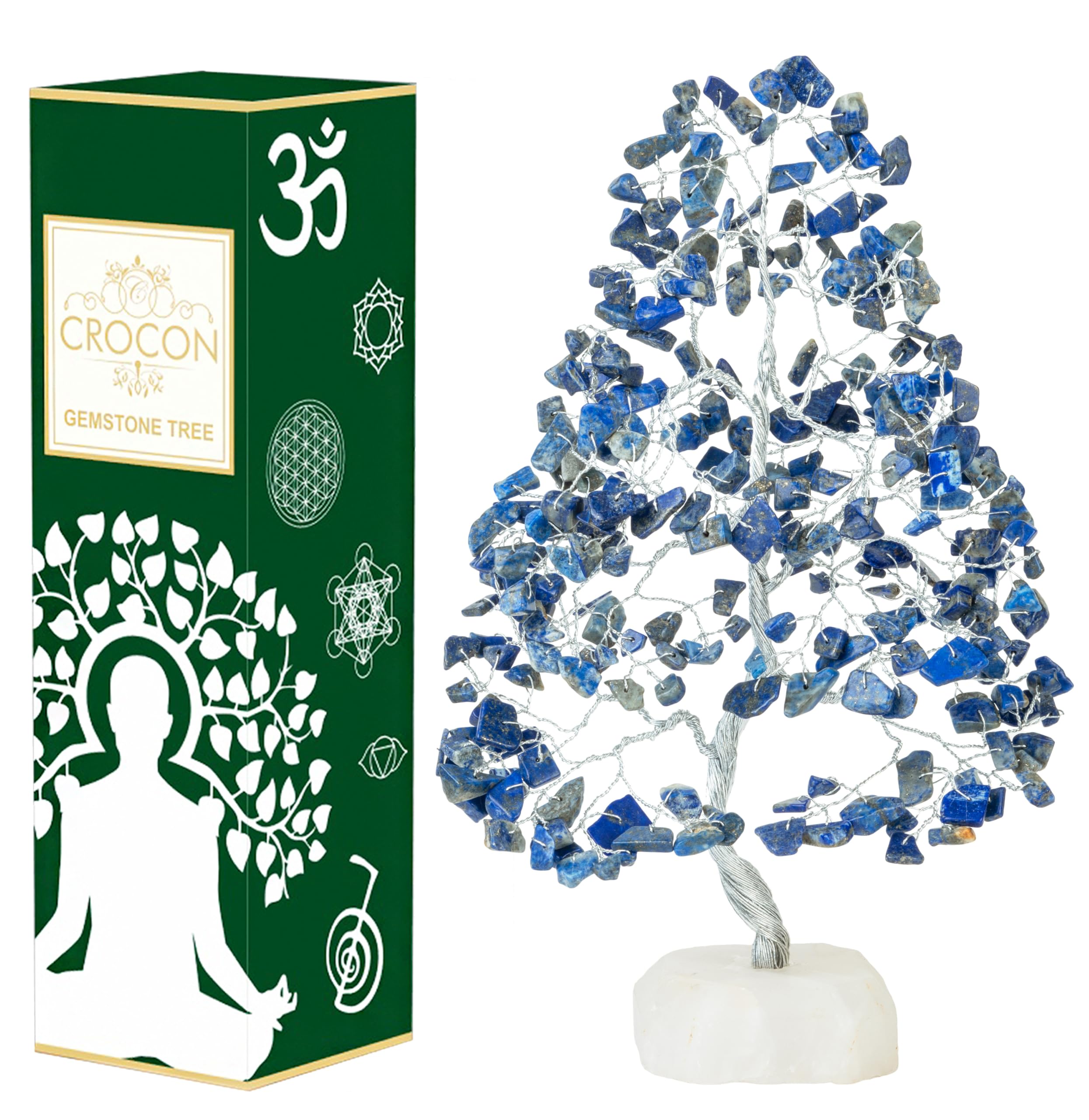 Crocon Lapis Lazuli Gemstone Tree of Life with Natural Quartz Base Handmade Feng Shui Money Bonsai Chakra Healing Crystal Home Decoration Ornament Figurine Wealth & Good Luck Spiritual Gift 10-12 Inch