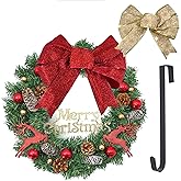 Christmas Door Wreath, Wreaths for Christmas Decor, Holiday Wreath Flocked with Pine Cones, Ball Ornaments and 2 Bows, Indoor Outdoor Decorations, Beautiful on Wall, Window, and Mantel, 18 inches