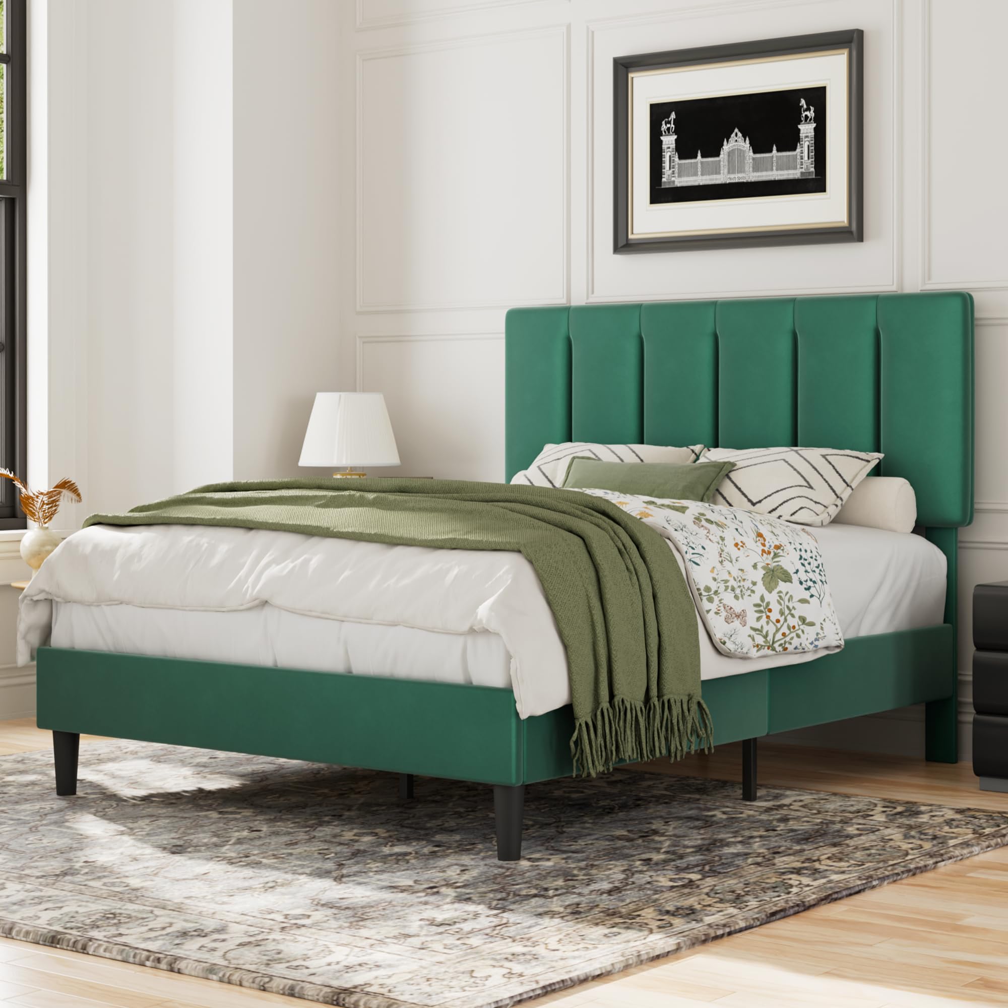 VECELO Queen Bed Frames, Upholstered Platform Bedframe, Adjustable Headboard, Wood Slat Support, No Box Spring Needed, Easy Assembly, Dark Green Image VECELO Queen Bed Frames, Upholstered Platform Bedframe, Adjustable Headboard, Wood Slat Support, No Box Spring Needed, Easy Assembly, Dark Green Image