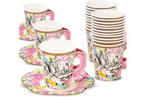 Talking Tables 12 x Alice in Wonderland Disposable Paper Teacup Set with Handle & Saucers Mad Hatter Afternoon Tea Party Table Decorations for Mother's Day, Onederland Birthday, Baby Shower, Wedding