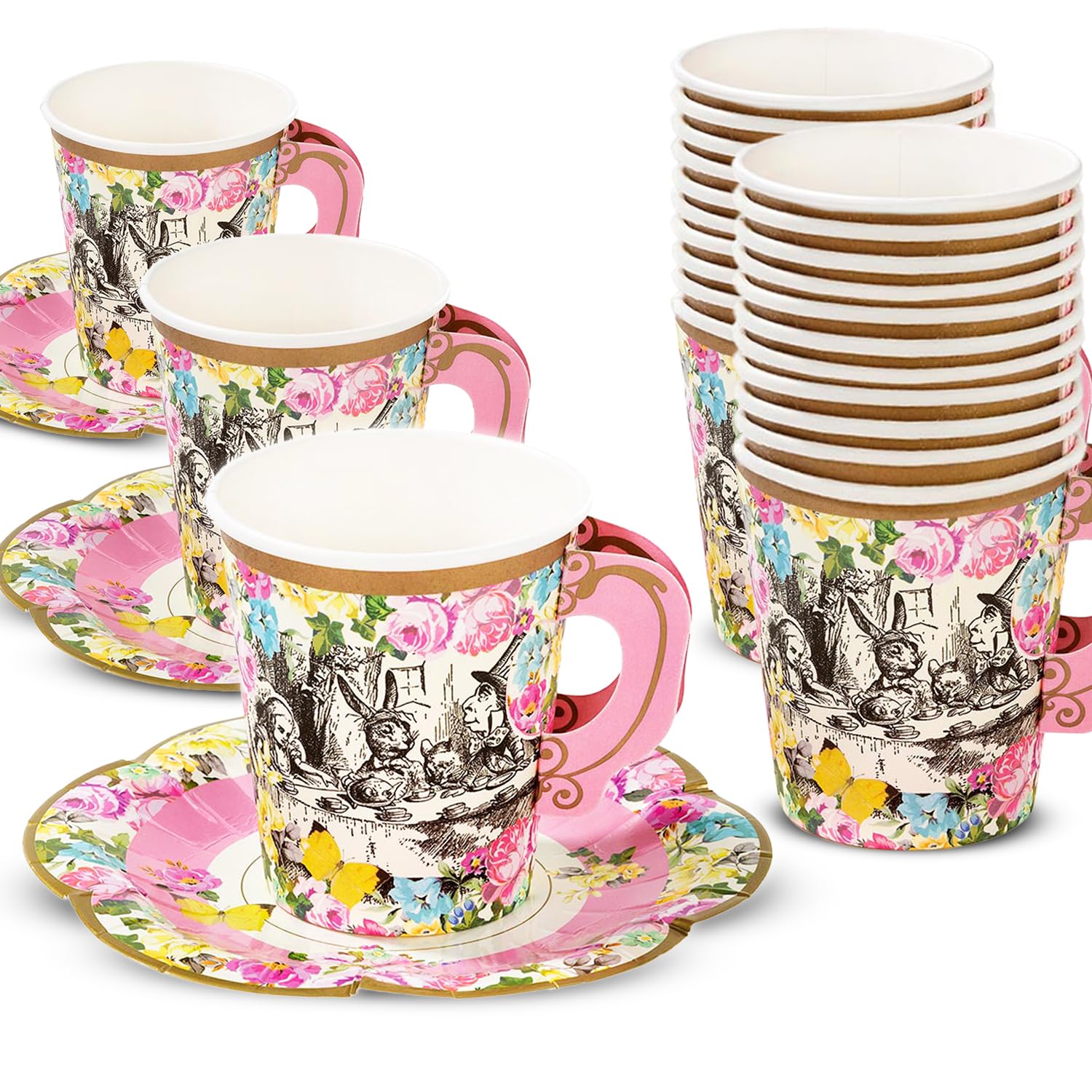 Photo 1 of Talking Tables Truly Alice Alice in Wonderland Mad Hatter Party Cup Set with Handle and Saucers in 3 Designs for a Tea Party or Birthday