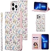 UEEBAI Wallet Case for iPhone 14 Pro Max 6.7 inch, PU Leather Phone Case Kickstand RFID Blocking Flip Case Card Slot Wrist Strap Relief Engraved Pattern Magnetic Closure Flower Folio Case, Butterfly