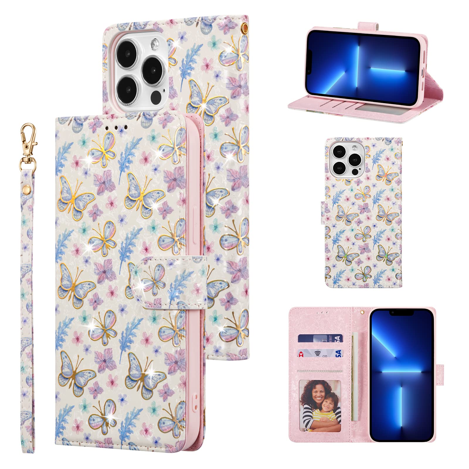 UEEBAI Wallet Case for iPhone 13 Pro Max 6.7 inch, PU Leather Phone Case Kickstand RFID Blocking Flip Case with Card Slots Wrist Strap Relief Engraved Pattern Magnetic Closure Folio Case - Butterfly