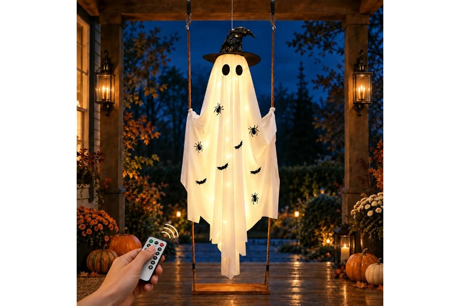 Halloween Decorations Outdoor,5.9ft Halloween Swinging Ghost Outdoor Decor | Pre-Assembled Decor,Height-Adjustable Swing,Remote-Timed Warm White String Lights,8 Light Modes for Porch, Yard and Tree