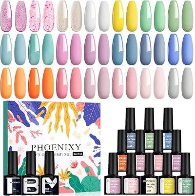 Phoenixy Gel Nail Polish Set 24pc UV Gel Starter Kit with Base Top Coats
