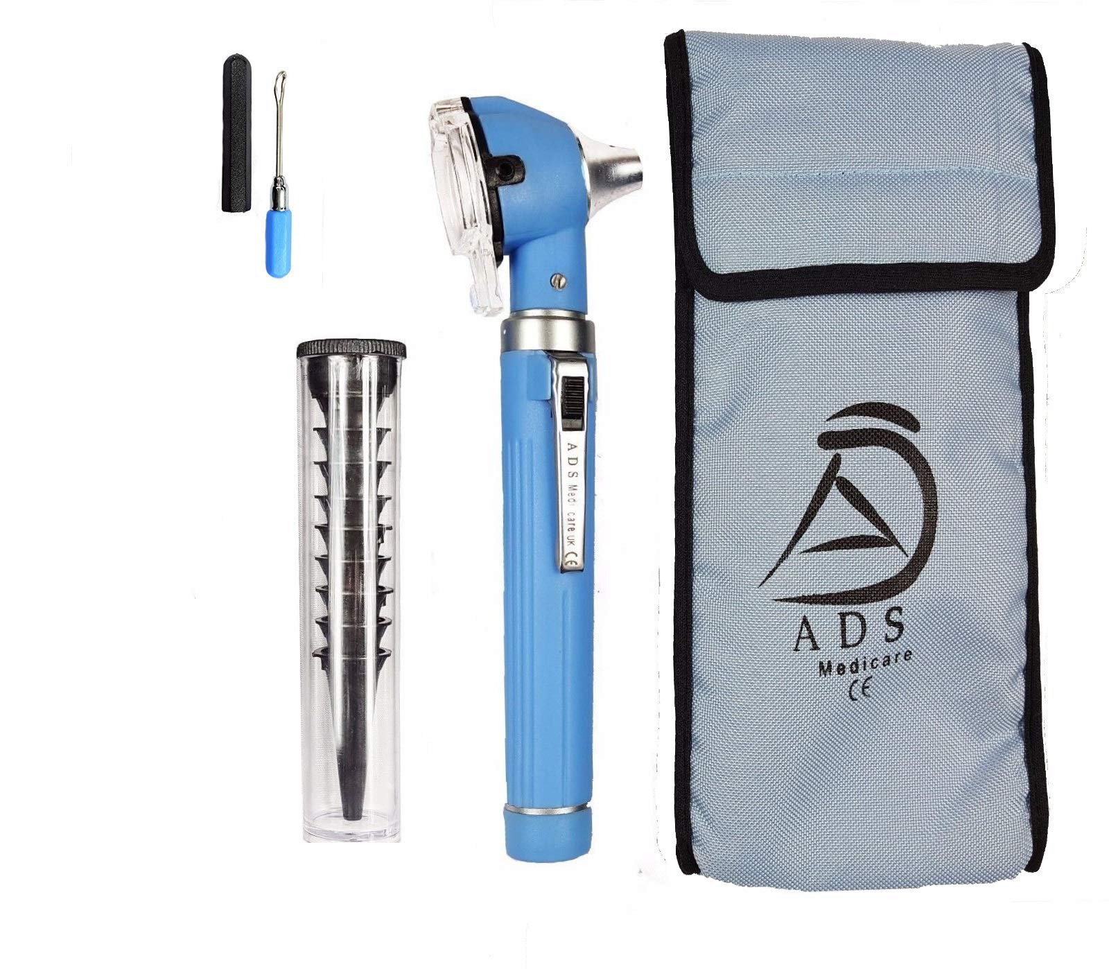 ADS Medicare Mini Otoscope ENT Optical Fibre LED Illumination Medical Diagnostic Examination CE Approved with Complimentary Ear Cleaner & Spare Bulb (Cyan)