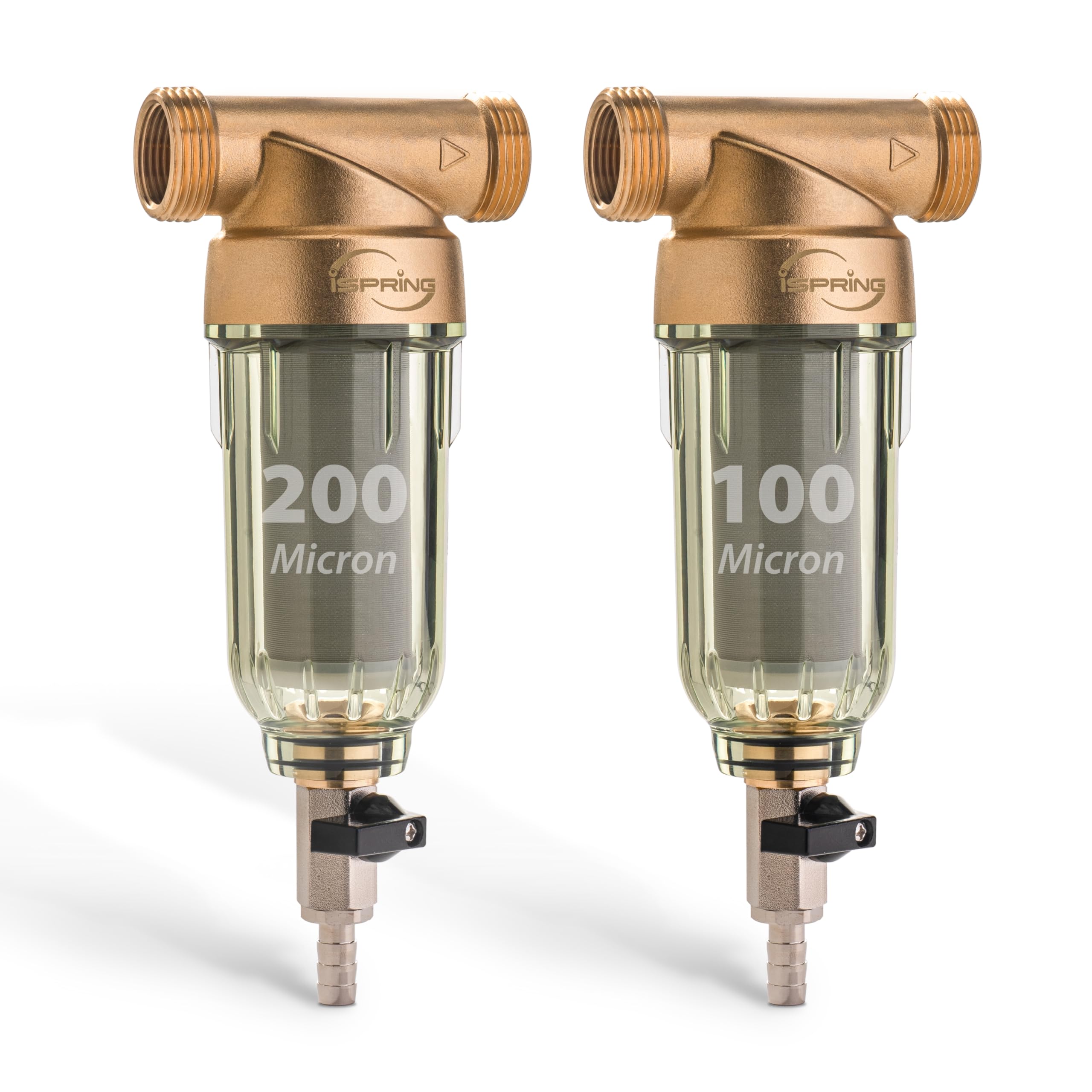 iSpring WSP2PK21 Reusable Whole House Spin Down Sediment Water Filters, Twin Pack with 200 Microns and 100 Microns Filter Sizes, Clear Housing, Lead-Free Brass Image
