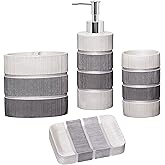 Zahari Home 4pc Modern Line Modern Bathroom Accessories Set Modern Soap Dispenser, Tumbler, Tooth Brush Holder and Dish Soap Holder Luxury Contemporary Grey Decor Unique Design Luxury Bath Set
