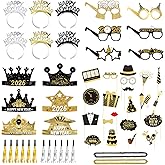 Tangrove New Years Eve Party Supplies 2026 – 57 PCS Celebration Kit with Headbands, Crown Hats, Glasses, Noise Makers, Photo Booth Props & Wristbands – Gold Silver Happy New Year Decorations