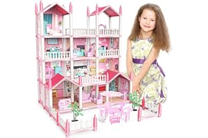 LEJIATEC Doll House, Dream Doll House Girls Toys, 4 Story 14 Rooms Dollhouse with 4 Dolls, Dollhouse Furniture Accessories with Light, Toddler Playhouse Gift for 3 4 5 6 7 8 9 10 Year Old Girls Toys (pink01)