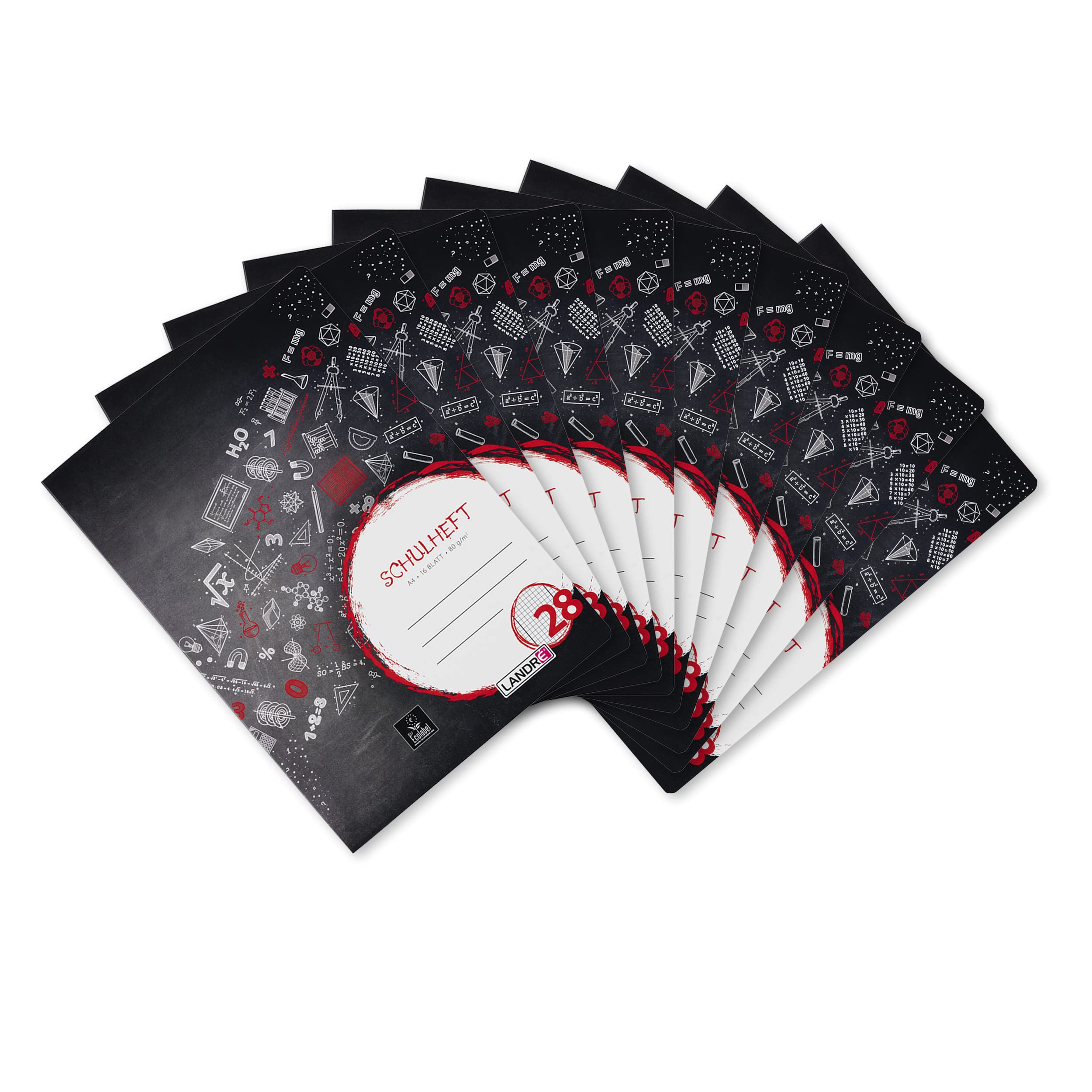 Landre 100050042 School Notepad A4 (16 Squared Sheets of 80 g/m² Fine, Wood-Free Writing Paper with Type 28 Ruling and Margin on Both Left/Right) Pack of 10 in 3 Assorted Designs