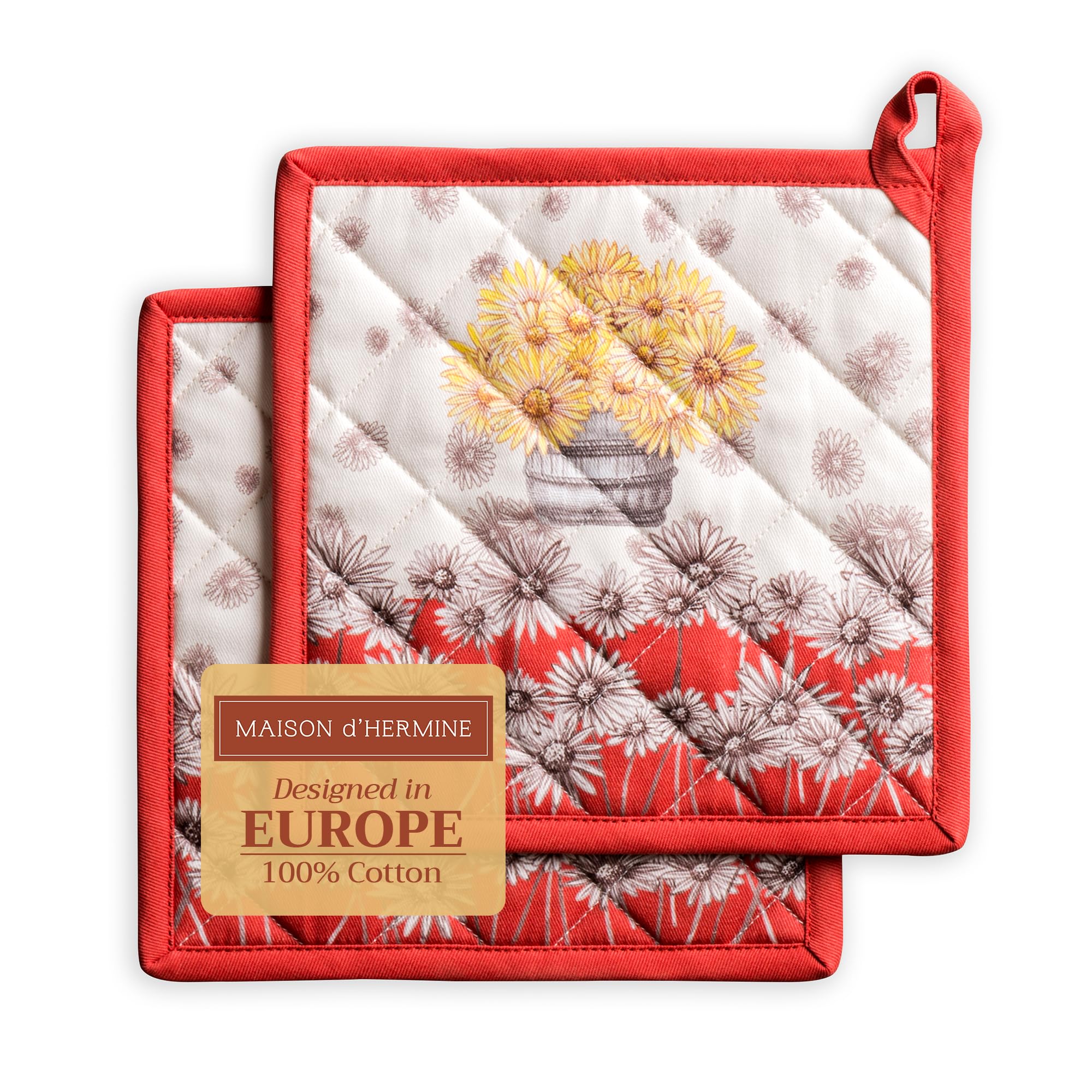 Maison d' Hermine Pot Holders Set 100% Cotton Heat Resistant Potholders 20 cm x 20 cm Hot Pads with Loop for Christmas Decorations BBQ Cooking Baking Handling Hot Pans (Pack of 2, Bagatelle)