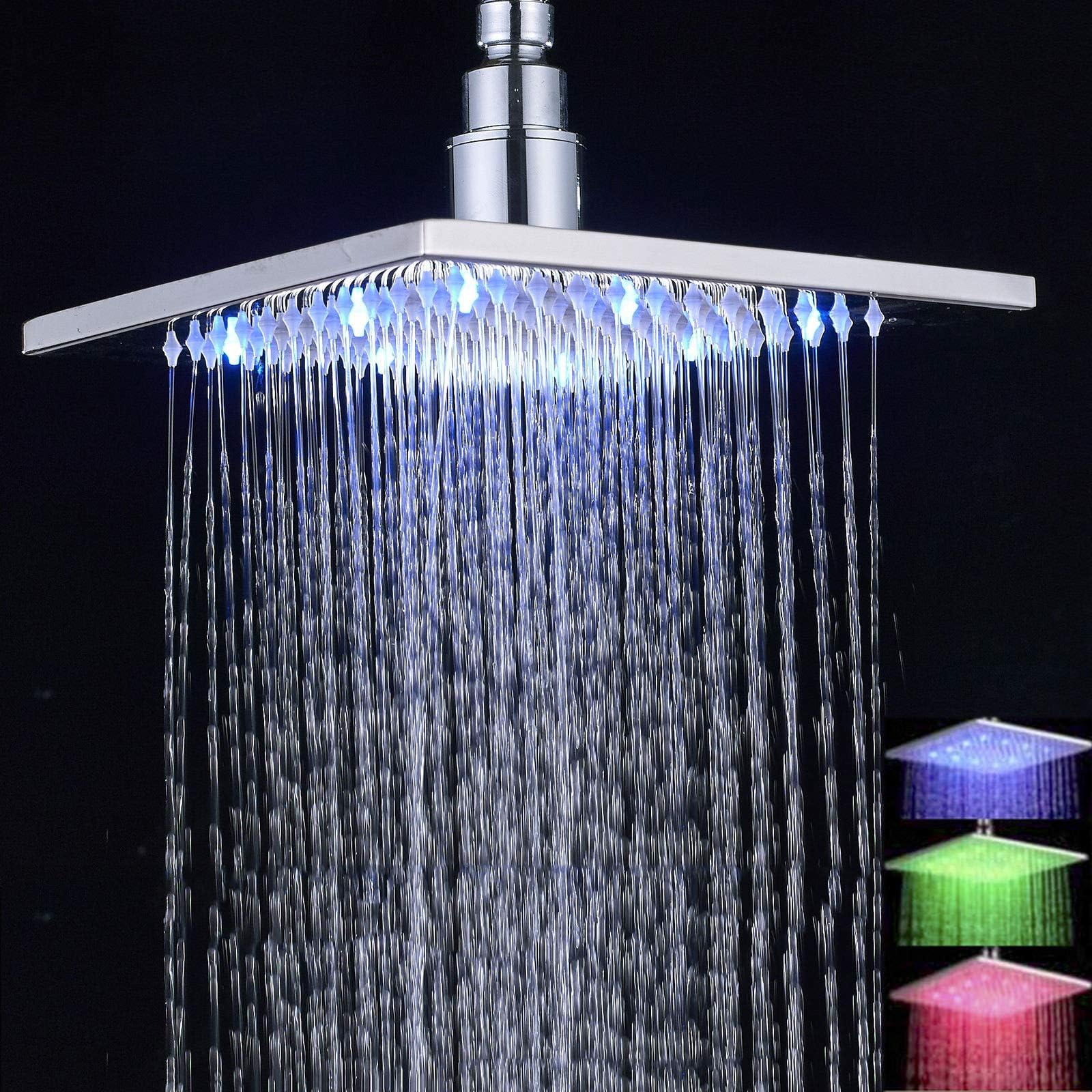 PESCA R/N Zara Luxury Temperature Colour Change Square LED Shower 10X10 INCHES Stainless Steel 304 Grade (Cold Water- Blue Colour, Normal Water- Green Colour, HOT Water- RED Colour) Shower Head Only