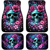 Skull Car Floor Mats Set of 4 Floral Gothic Dark Bloom Art Carpet Front Rear Carpets Mat Decorative Car Floor Carpets Non-Slip Auto Car Accessories Universal Fit for Car SUV Truck Van